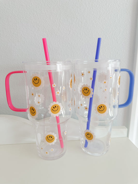Floral smiley glass tumbler mug
