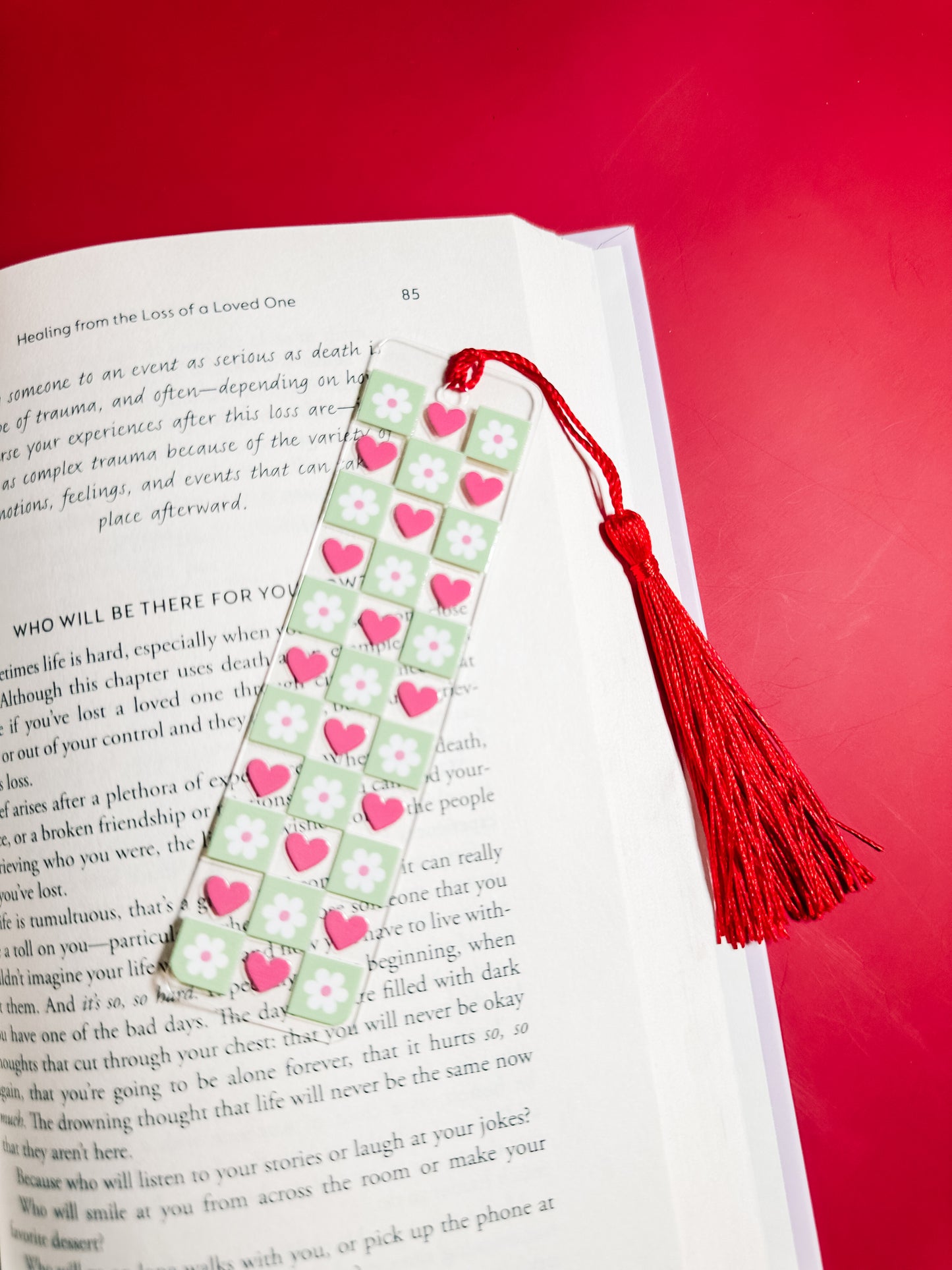 Green & pink heart checkered bookmark