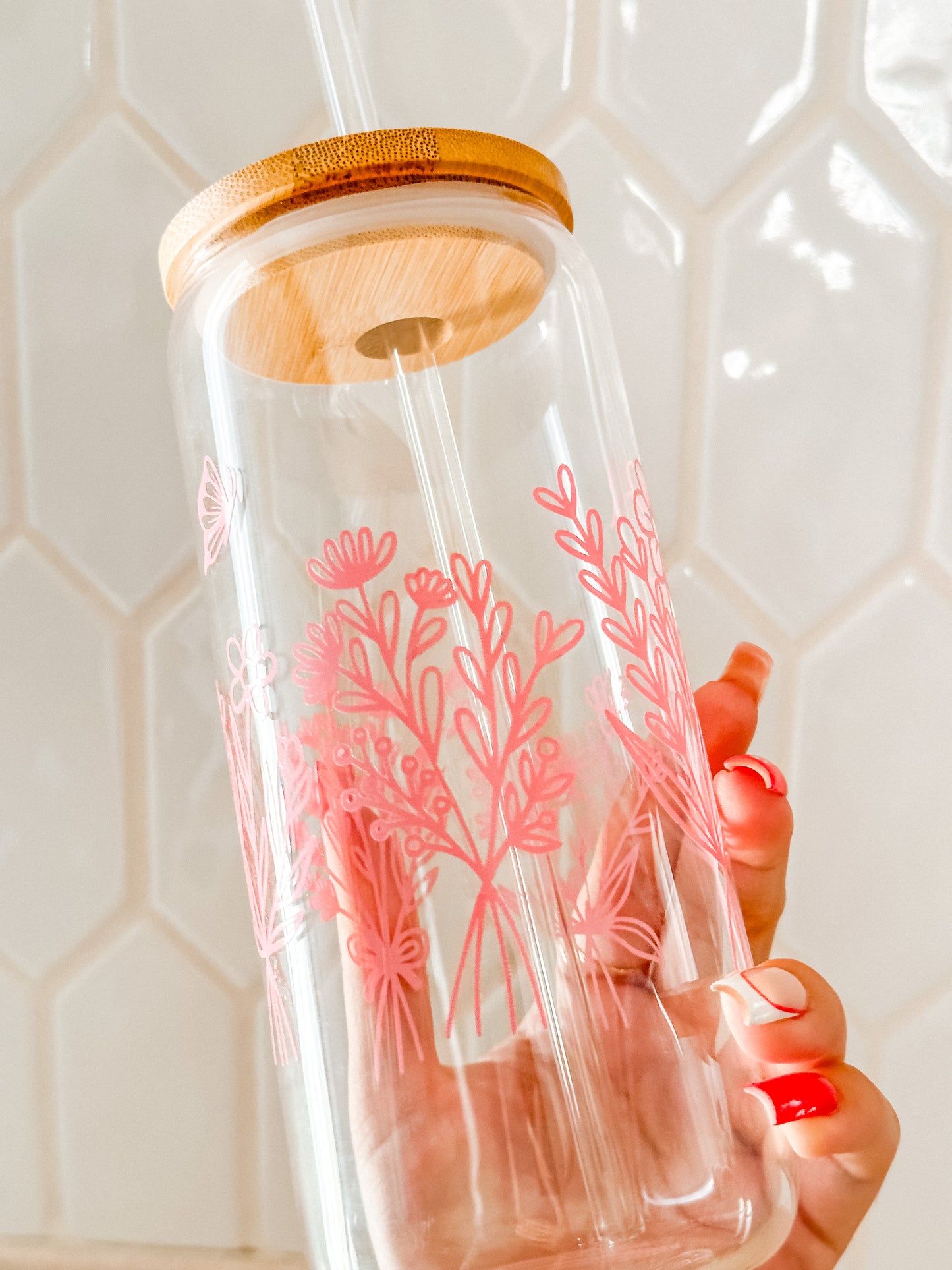 Floral butterfly line art bouquet glass cup