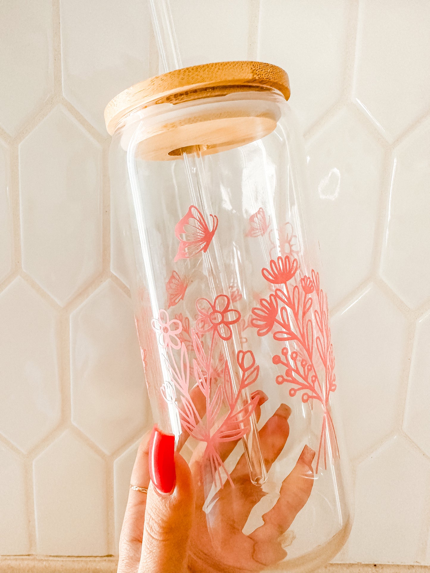 Floral butterfly line art bouquet glass cup