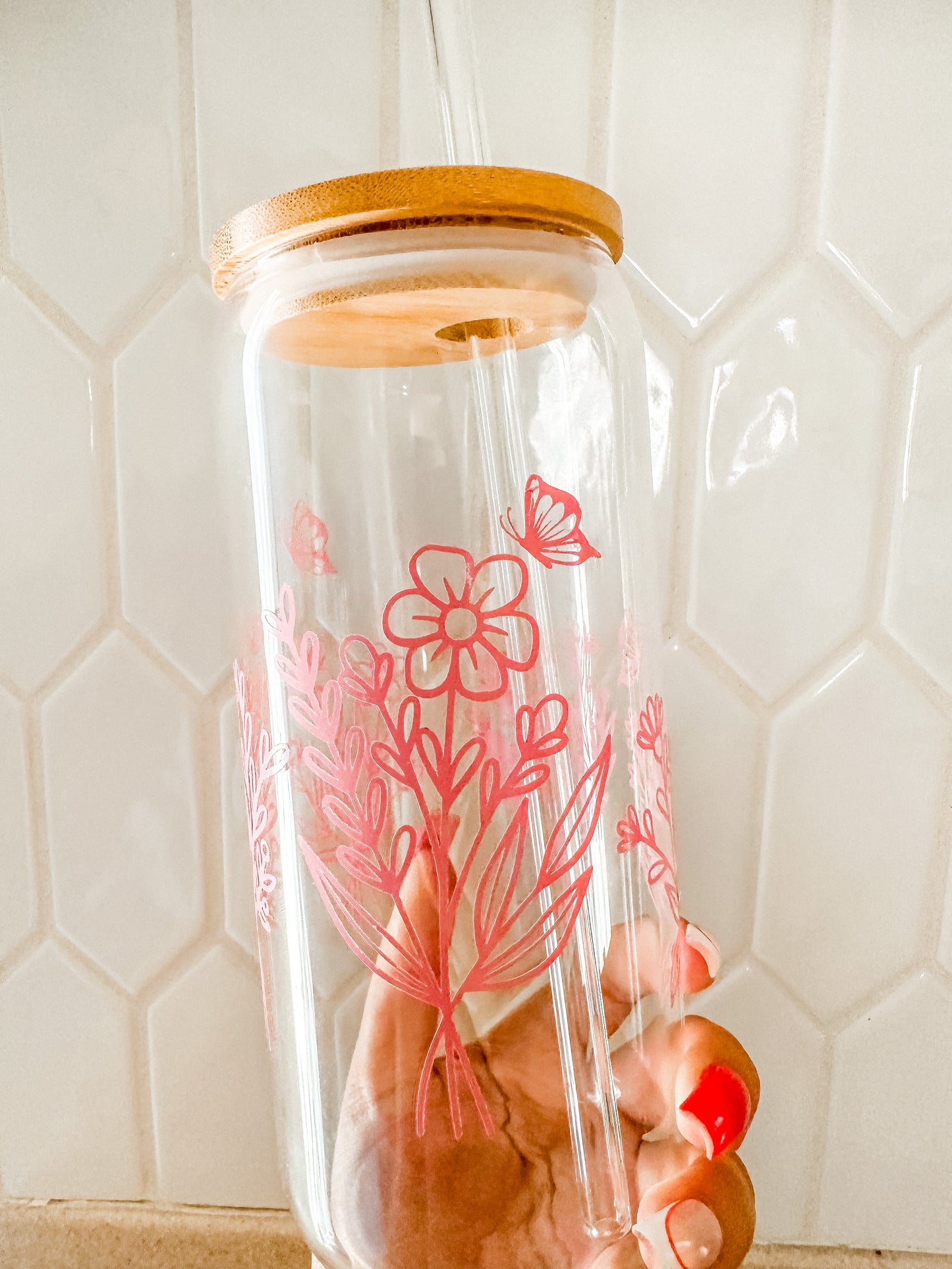 Floral butterfly line art bouquet glass cup