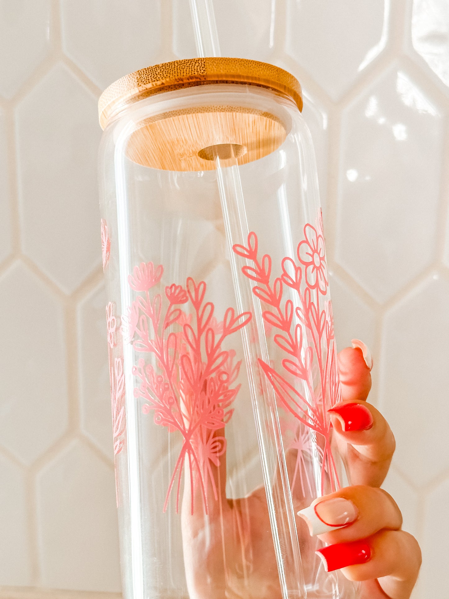 Floral butterfly line art bouquet glass cup