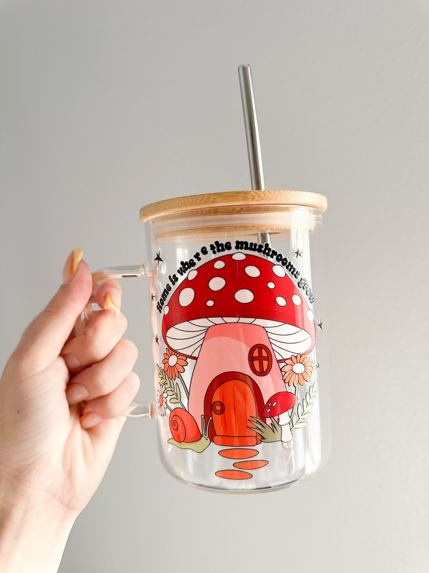 Home is where the mushrooms grow glass mug