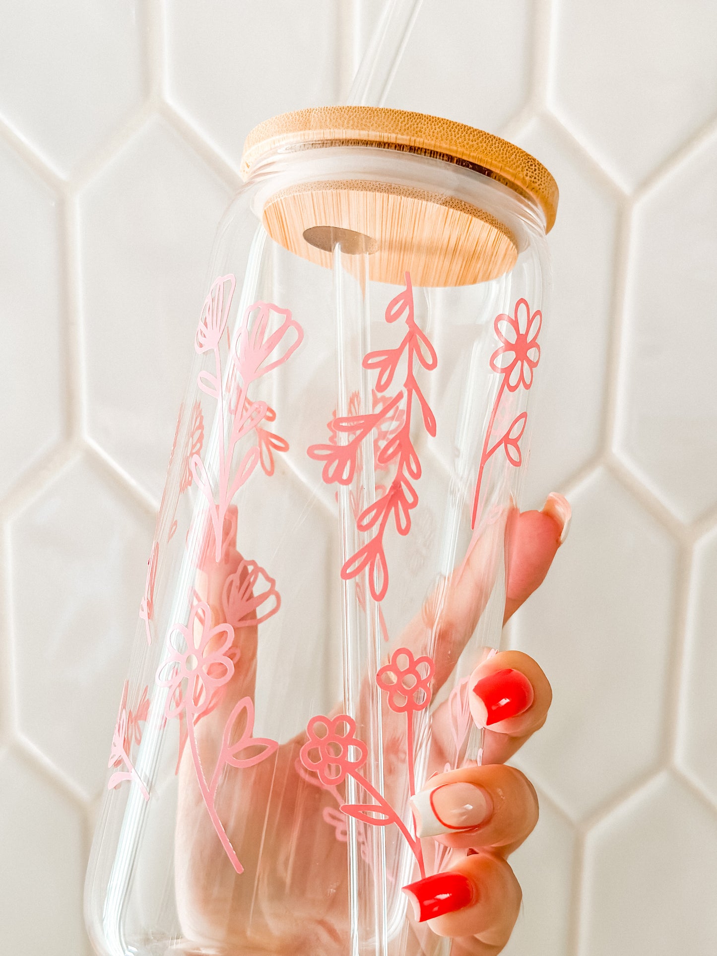 Floral line art glass cup