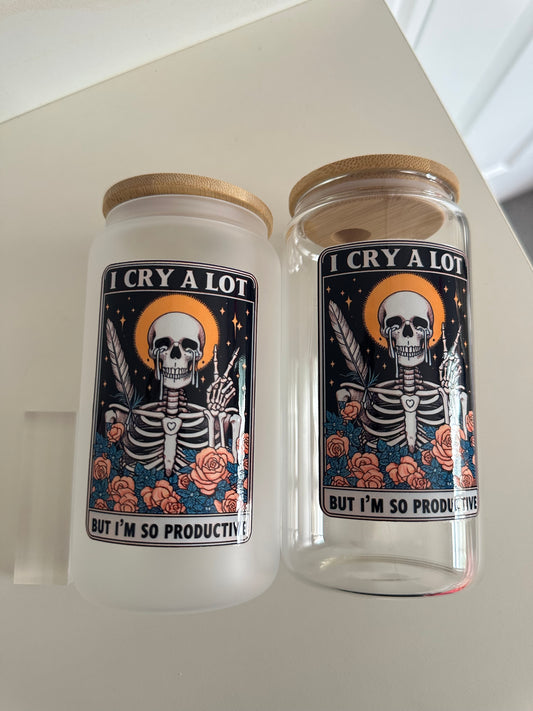 I cry a lot but I am so productive Halloween edition glass cup