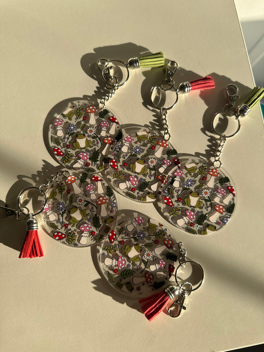 Frog, mushrooms & flowers acrylic keychain