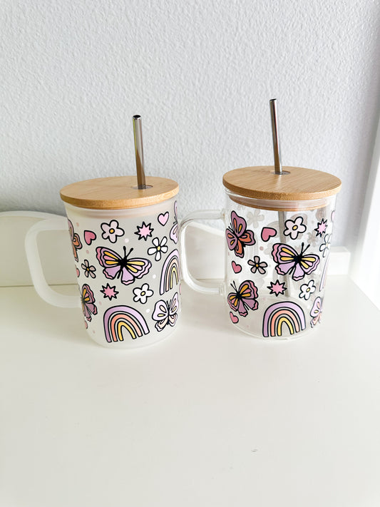 Purple rainbows and butterflies glass mug