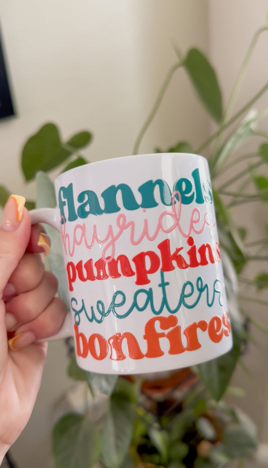 Flannel, hayride, pumpkin, sweater, bonfire mug