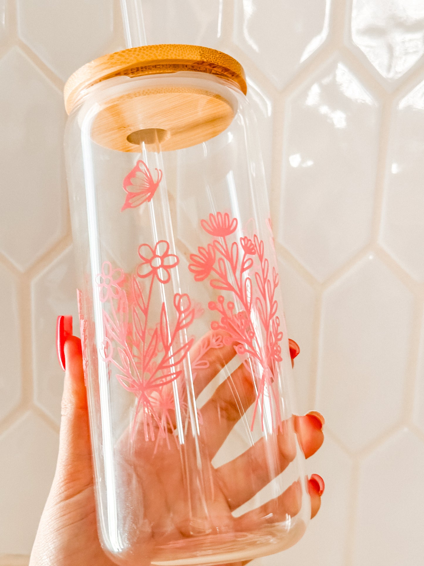 Floral butterfly line art bouquet glass cup