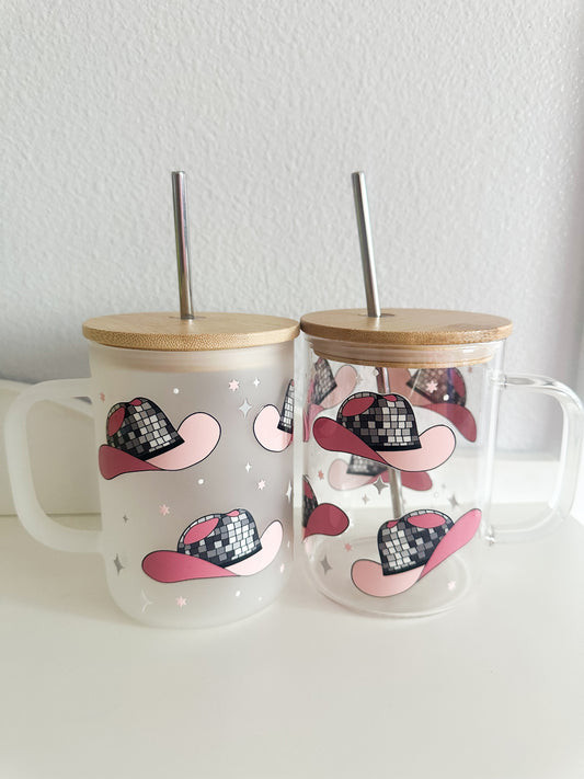 Disco cowgirl glass mug