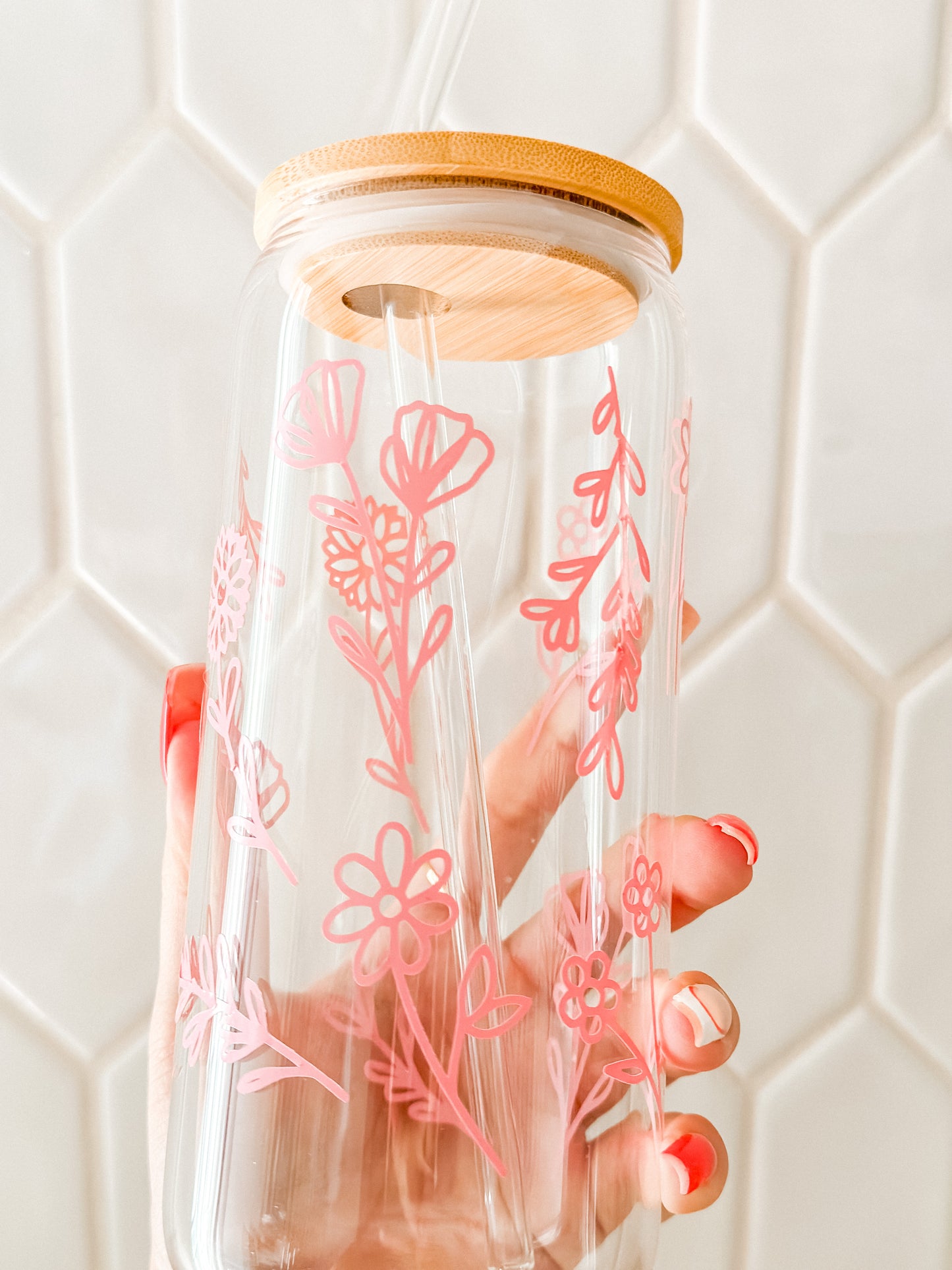 Floral line art glass cup