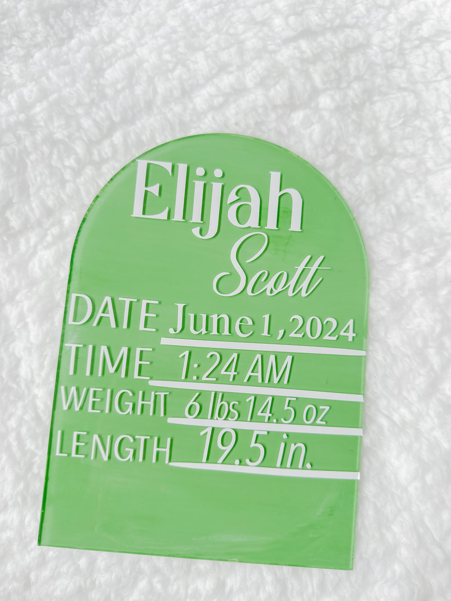 Green arch baby birth announcement - acrylic sign