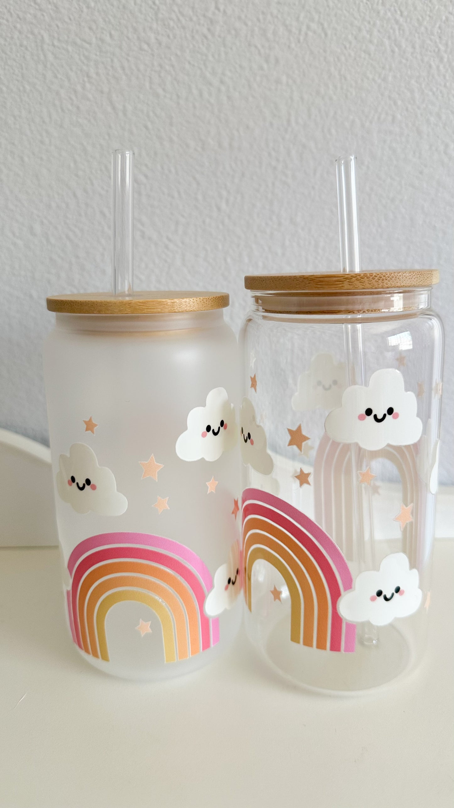 Rainbow and clouds glass cup