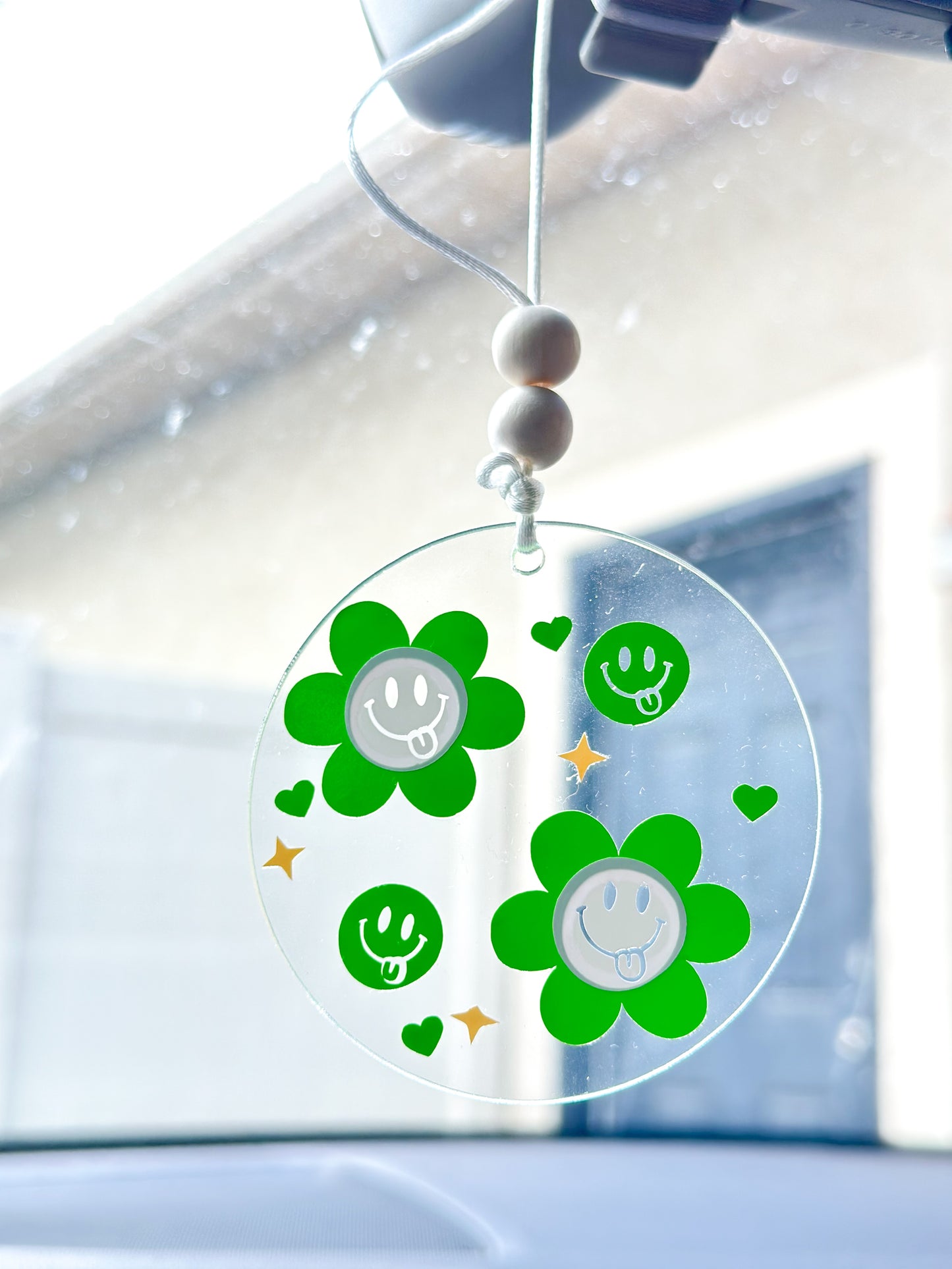 Green smiley floral car hanger