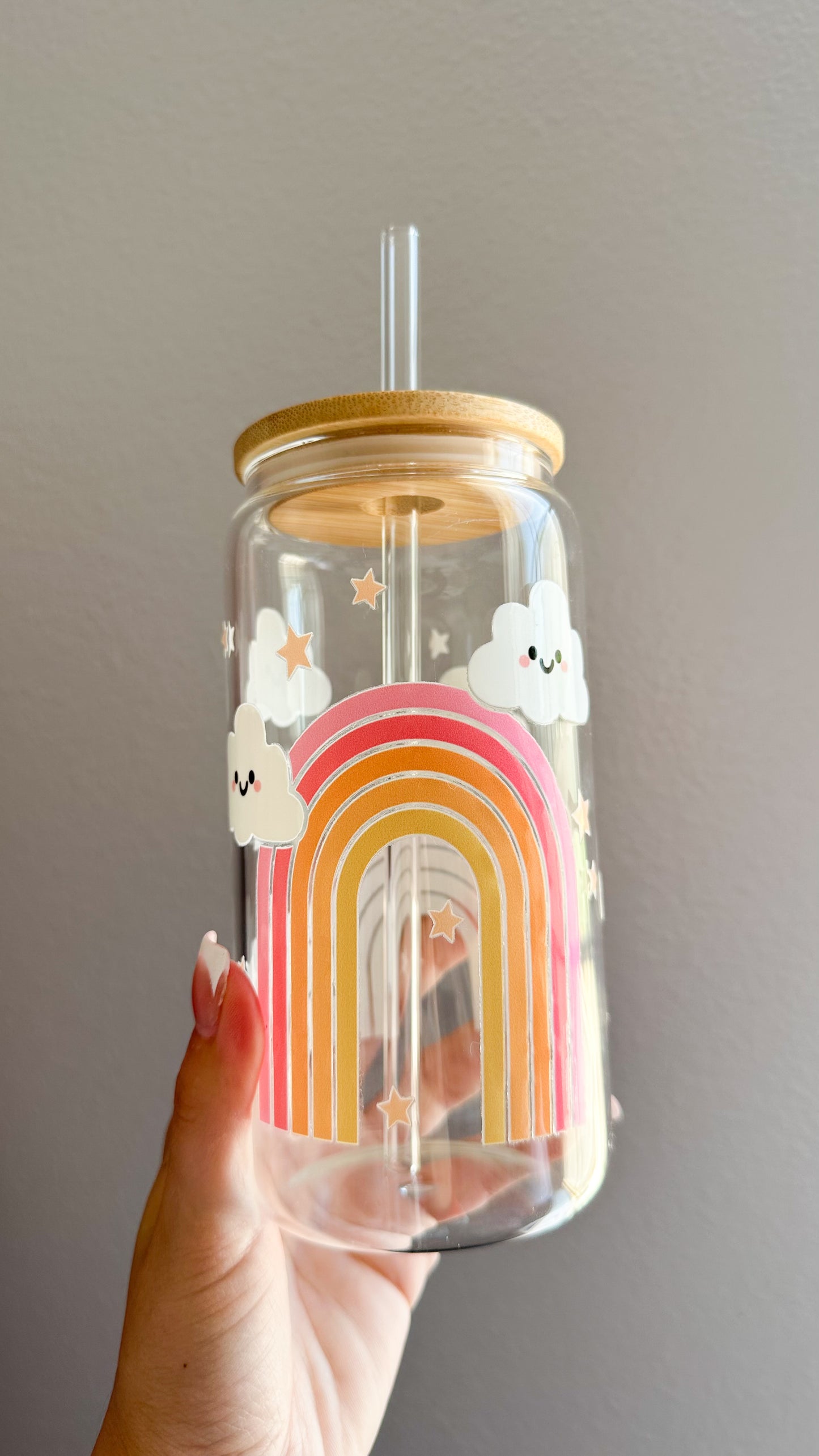 Rainbow and clouds glass cup