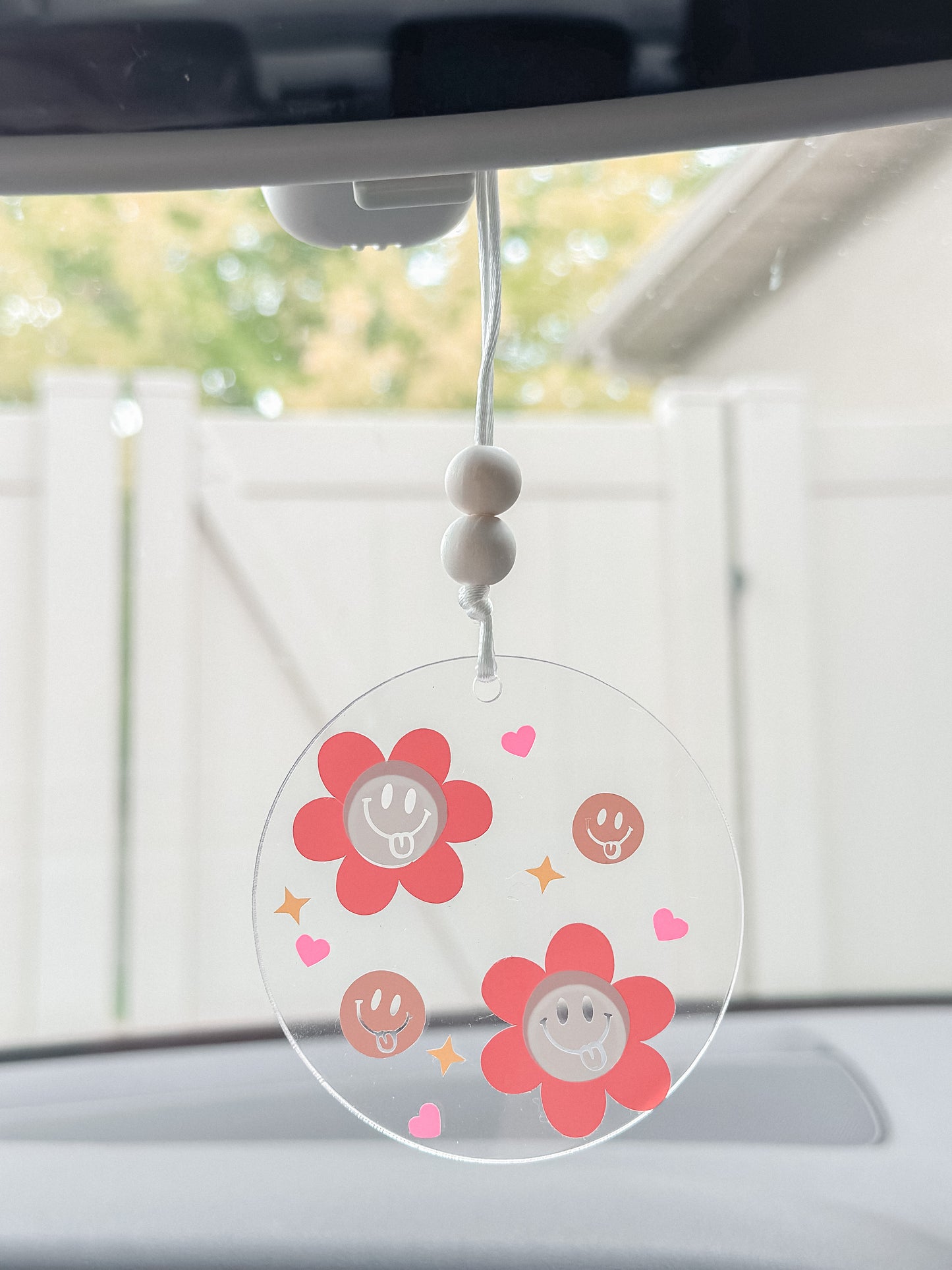 Pink smiley flower car hanger