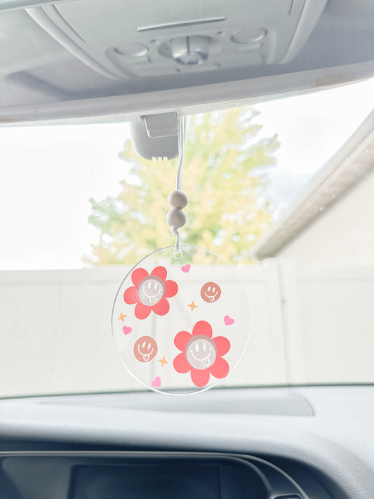 Pink smiley flower car hanger