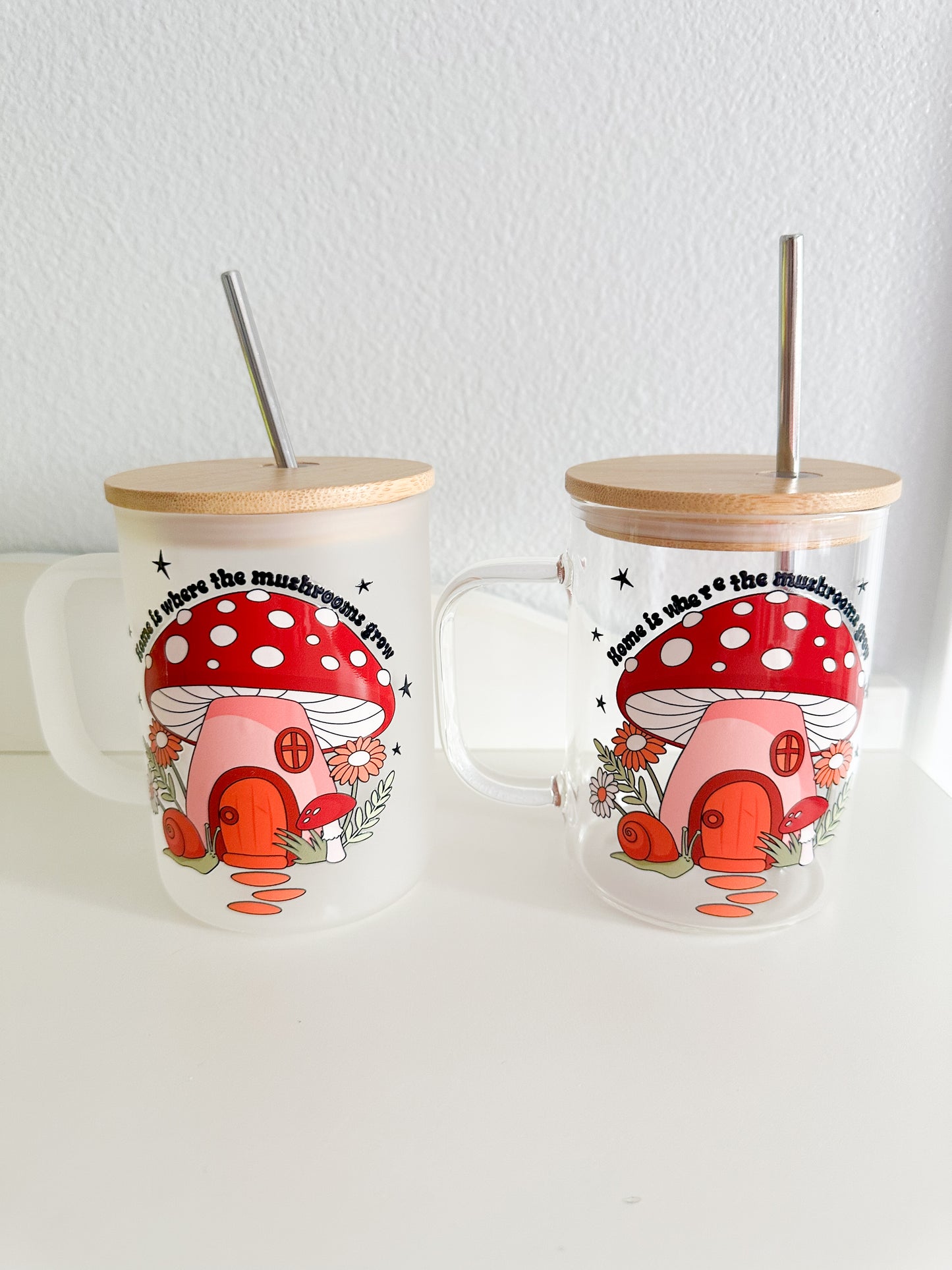 Home is where the mushrooms grow glass mug