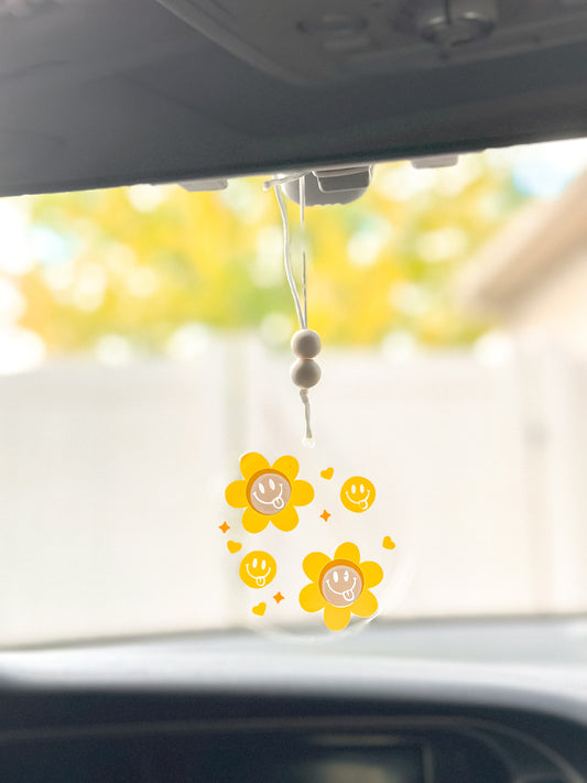 Yellow smiley floral car hanger