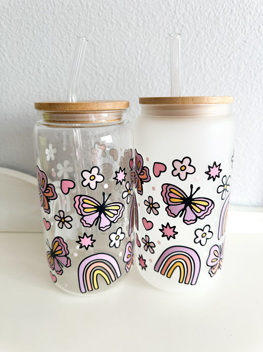 Purple rainbows and butterfly glass cup