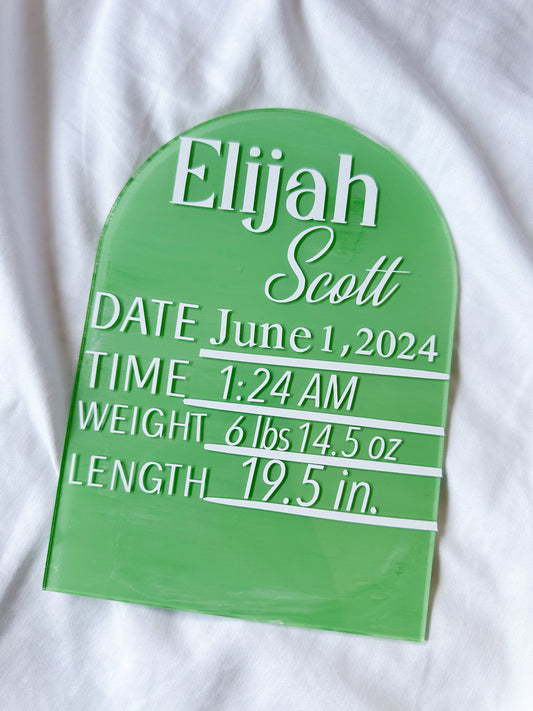 Green arch baby birth announcement - acrylic sign
