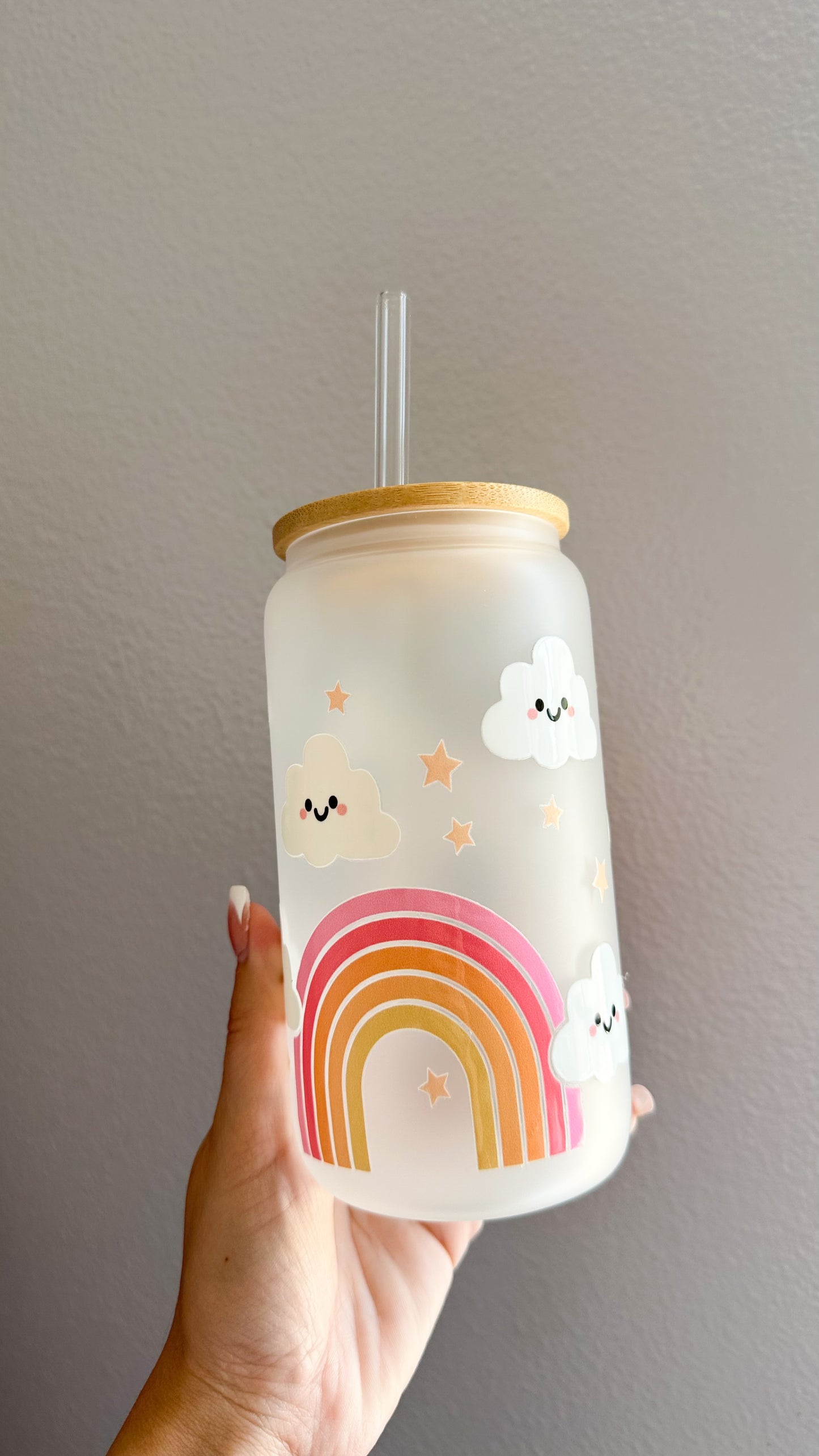Rainbow and clouds glass cup