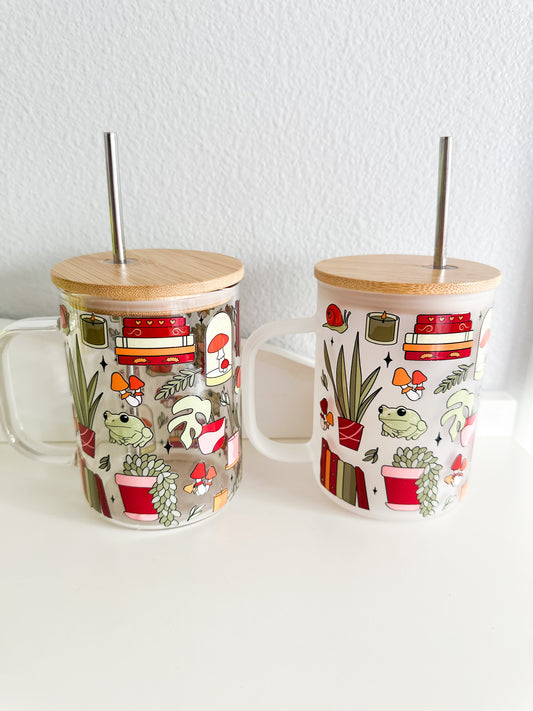 Plants frogs and books glass mug